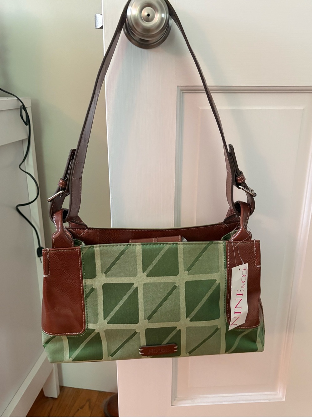 Nine & Co. Green Geometric Canvas Shoulder Bag with Brown Trim